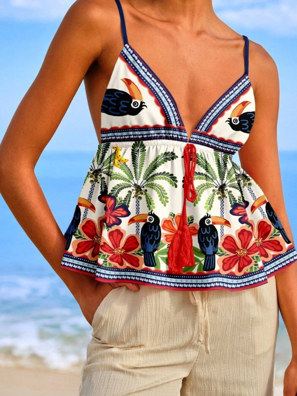 Multicolor Boho Women's Casual Minimalist Woven A-Line Tank Top with Tassel Hem